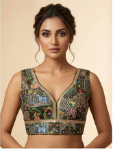Indian Women's Painted Kalamkari Silk Blouse with Antique Gold Zari Trim
