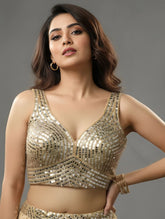 Festive Sequin & Mirror Embellished V-Neck Blouse Gold