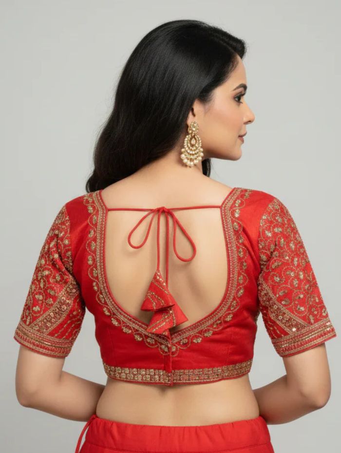 Red Cotton Silk Embroidered Blouse