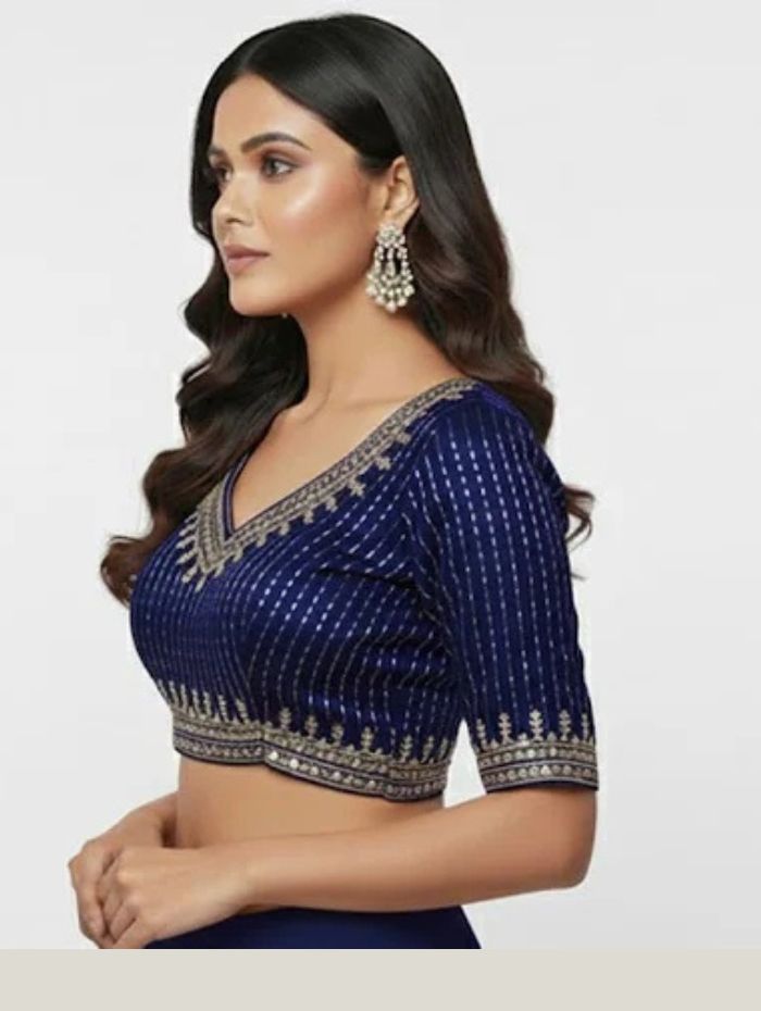 Women's Elegant Navy Blue Cotton Silk Embroidered Blouse