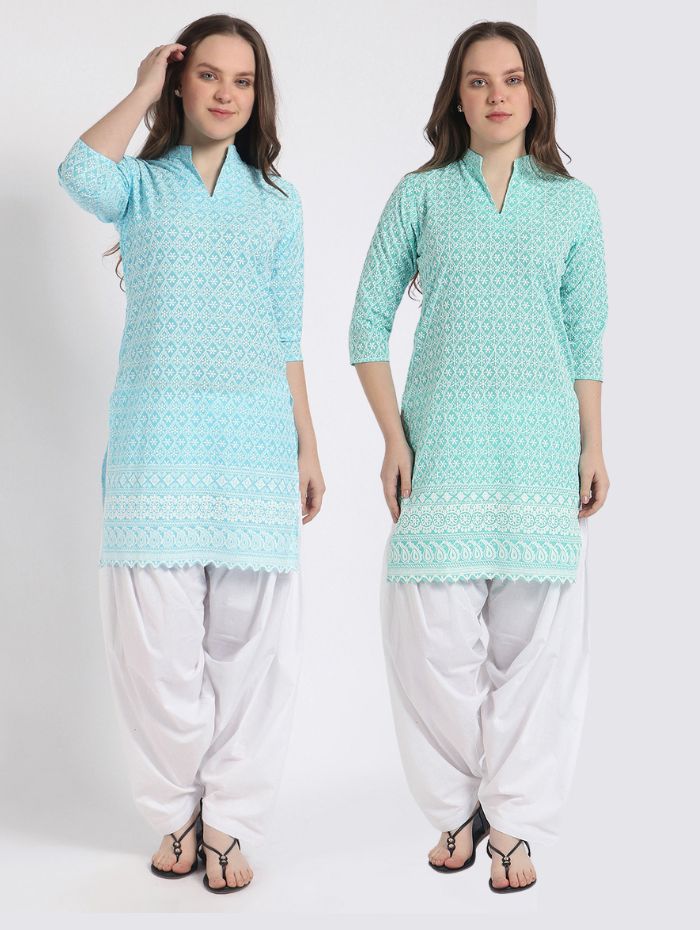 Women’s Cotton Chikankari Kurti Combo - Pack of 2 (Sea Green & Aqua) Geometric