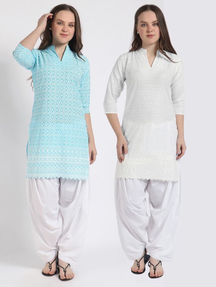 Women’s Cotton Chikankari Kurti Combo - Pack of 2 (Sky Blue & White) Geometric
