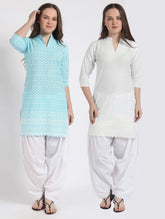 Women’s Cotton Chikankari Kurti Combo - Pack of 2 (Sky Blue & White)