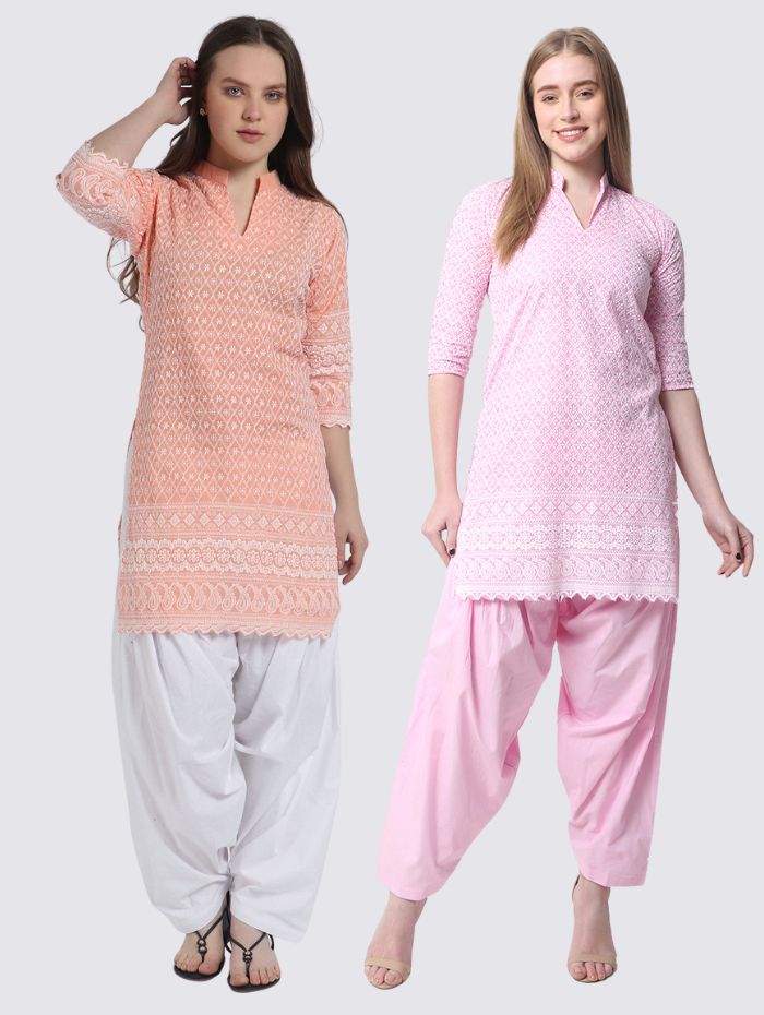 Women’s Cotton Chikankari Kurti Combo - Pack of 2 (Peach & Pink) Geometric