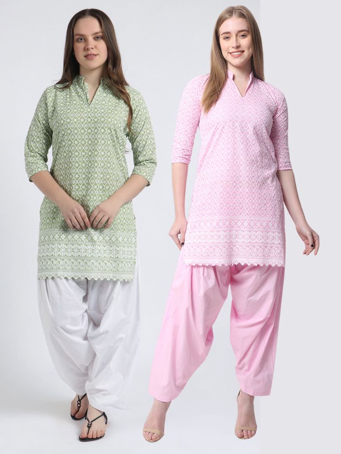 Women’s Cotton Chikankari Kurti Combo - Pack of 2 (Pista & Pink) Geometric