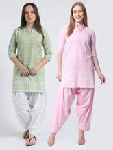 Women’s Cotton Chikankari Kurti Combo - Pack of 2 (Pista & Pink)