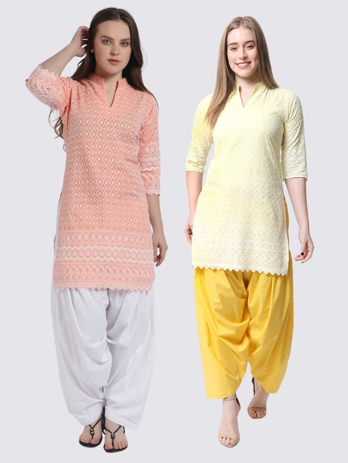 Women’s Cotton Chikankari Kurti Combo - Pack of 2 (Peach & Yellow) Geometric