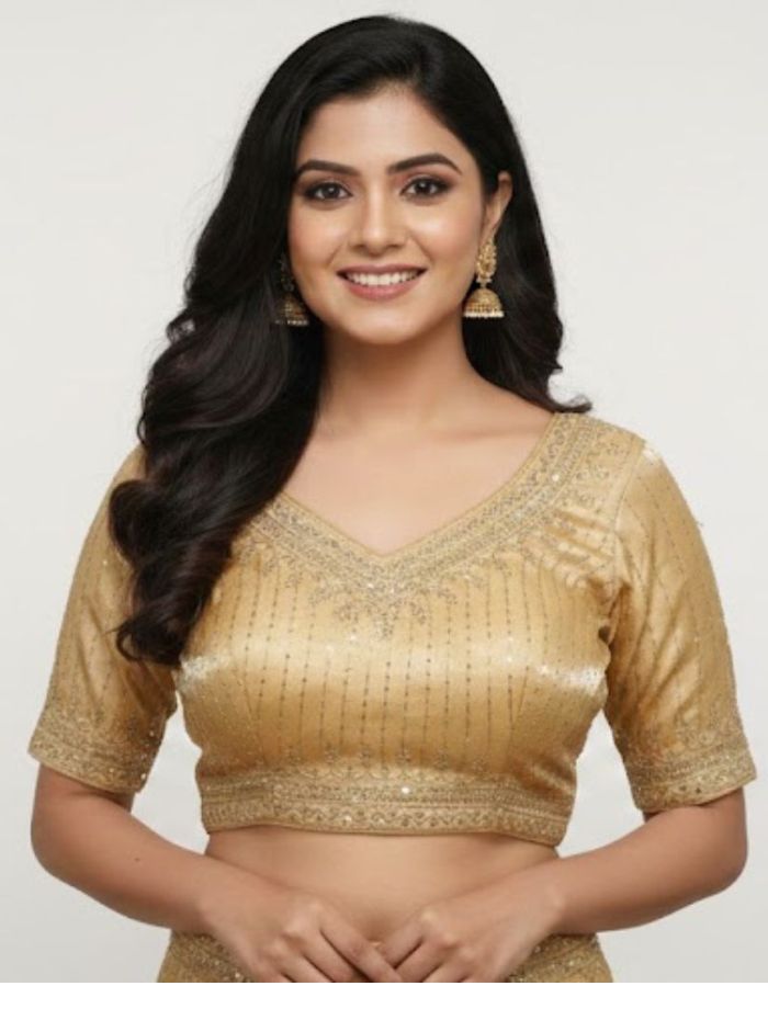 Elegant Golden/Fawn Cotton Silk Embroidered Blouse_Devika Navy Blue