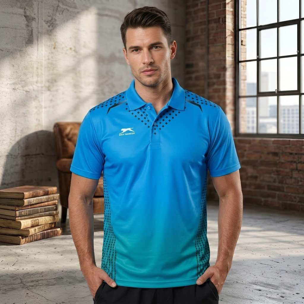 Shiv Naresh Men's Performance Polo – Sky Blue & Teal Geometric Print