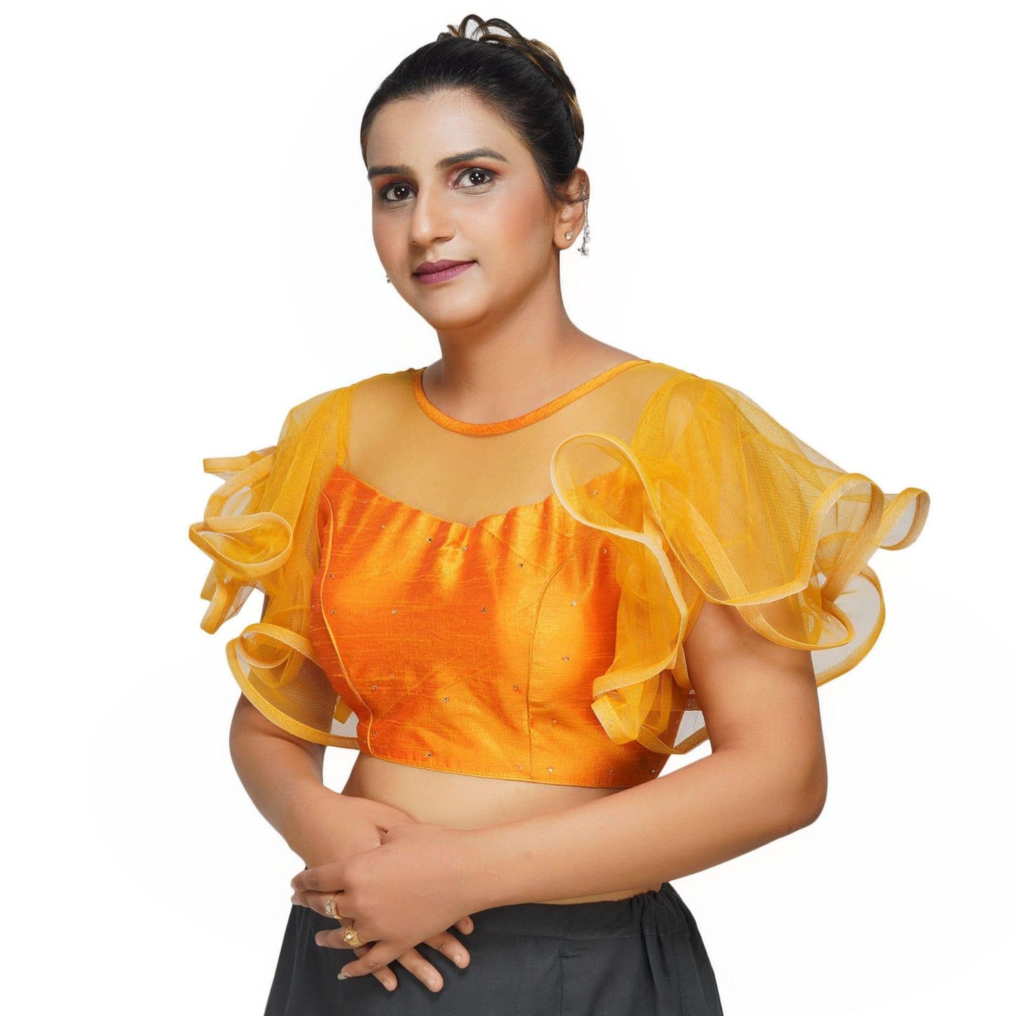 Trendzmy Boat Neck Frill Shoulder Yellow Women Blouse