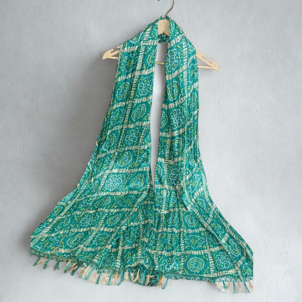 Artisanal Emerald Green Bandhani Print Cotton Blend Dupatta with Tassel Fringe
