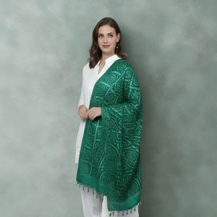 Artisanal Emerald Green Bandhani Print Cotton Blend Dupatta with Tassel Fringe