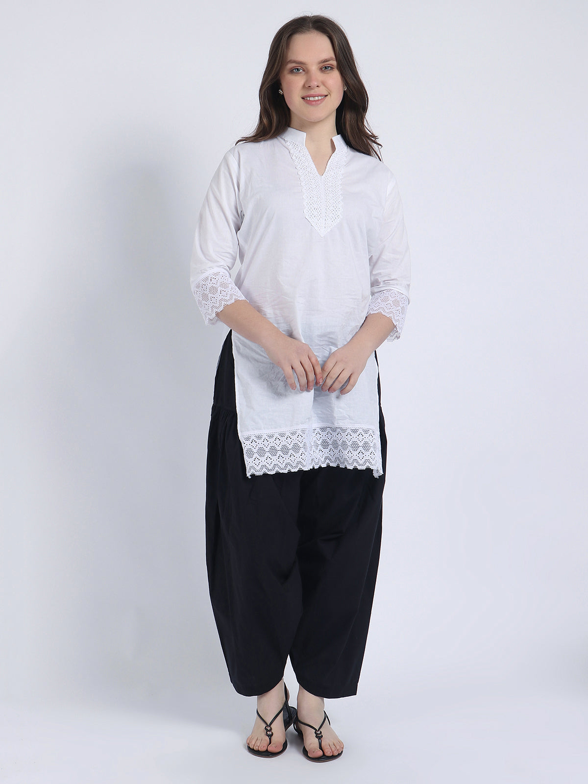 Women Solid White Kurta and Black Salwar Set Pure Cotton