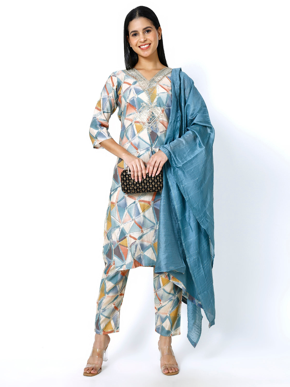 Women Embroidery Masleen Cotton Kurti Set Ethnic Printed Grey Color (Plus Size Available)