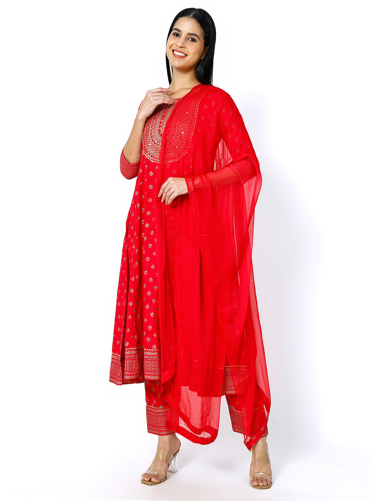 Women Red Floral Printed Round Neck Anarkali Kurta With Trousers & Dupatta (Plus Size Available)