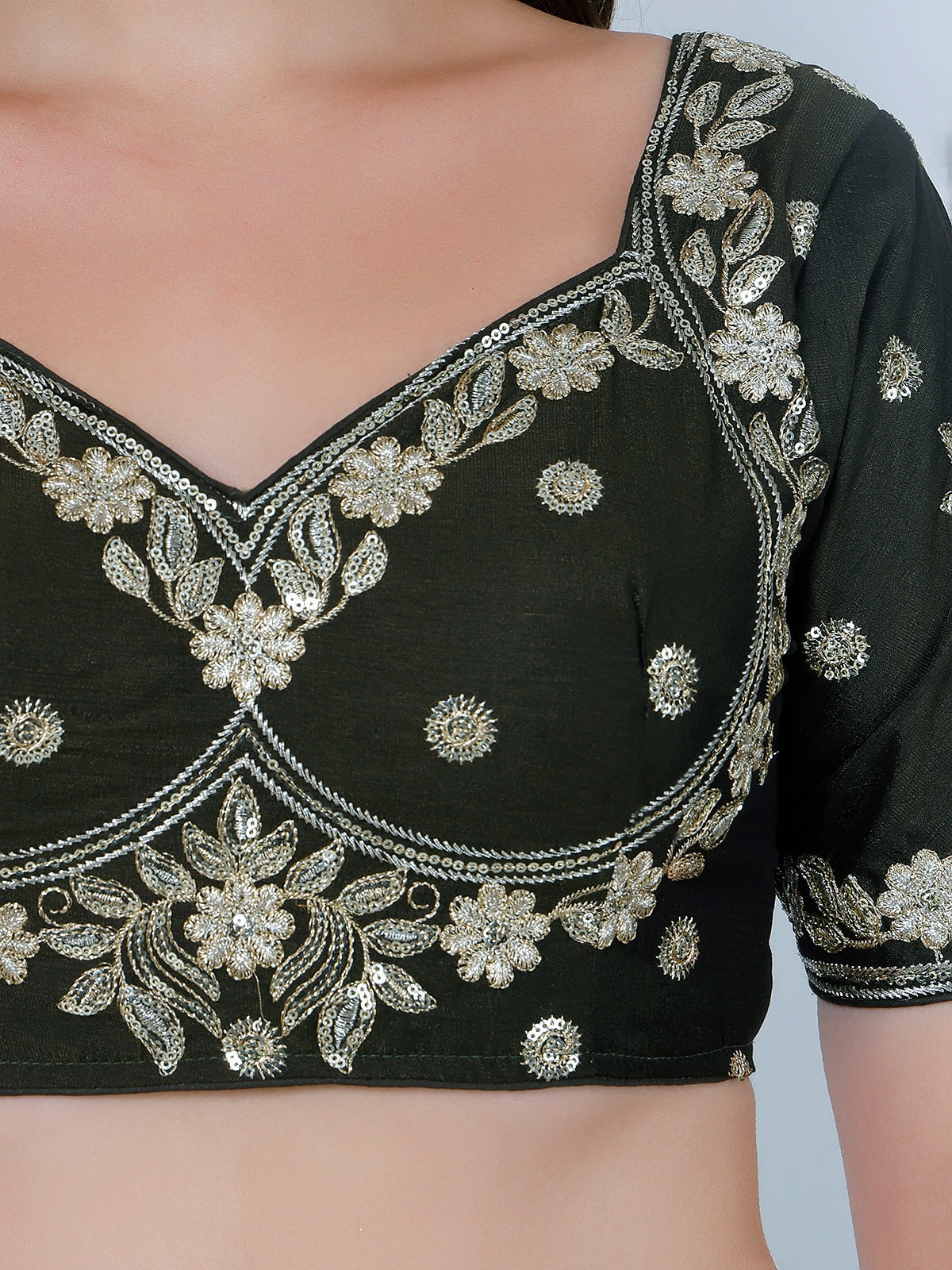 Choli Cut Dark Mehandi Cotton Silk Blouse