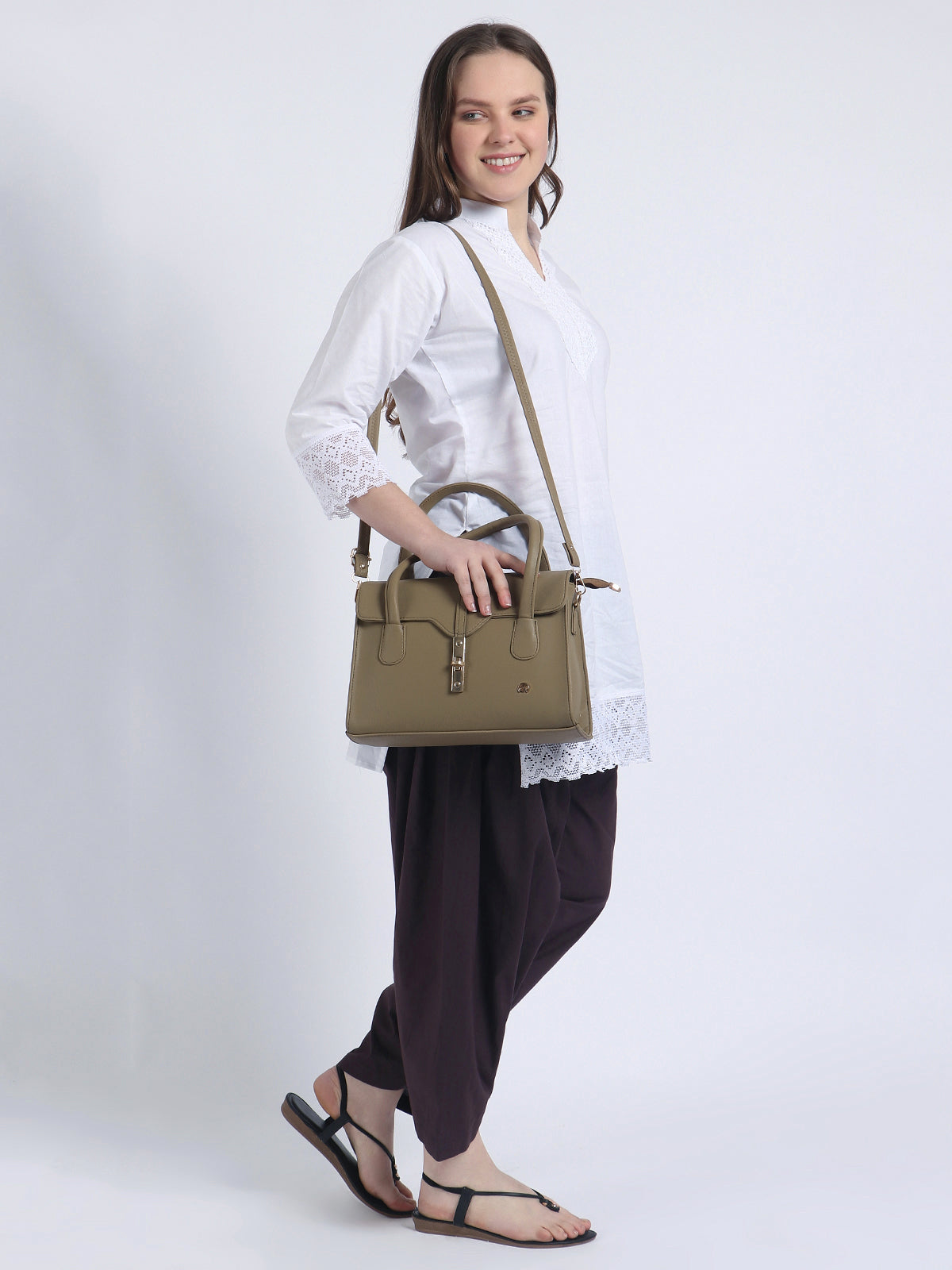 Women Solid White Kurta and Brown Salwar Set Pure Cotton