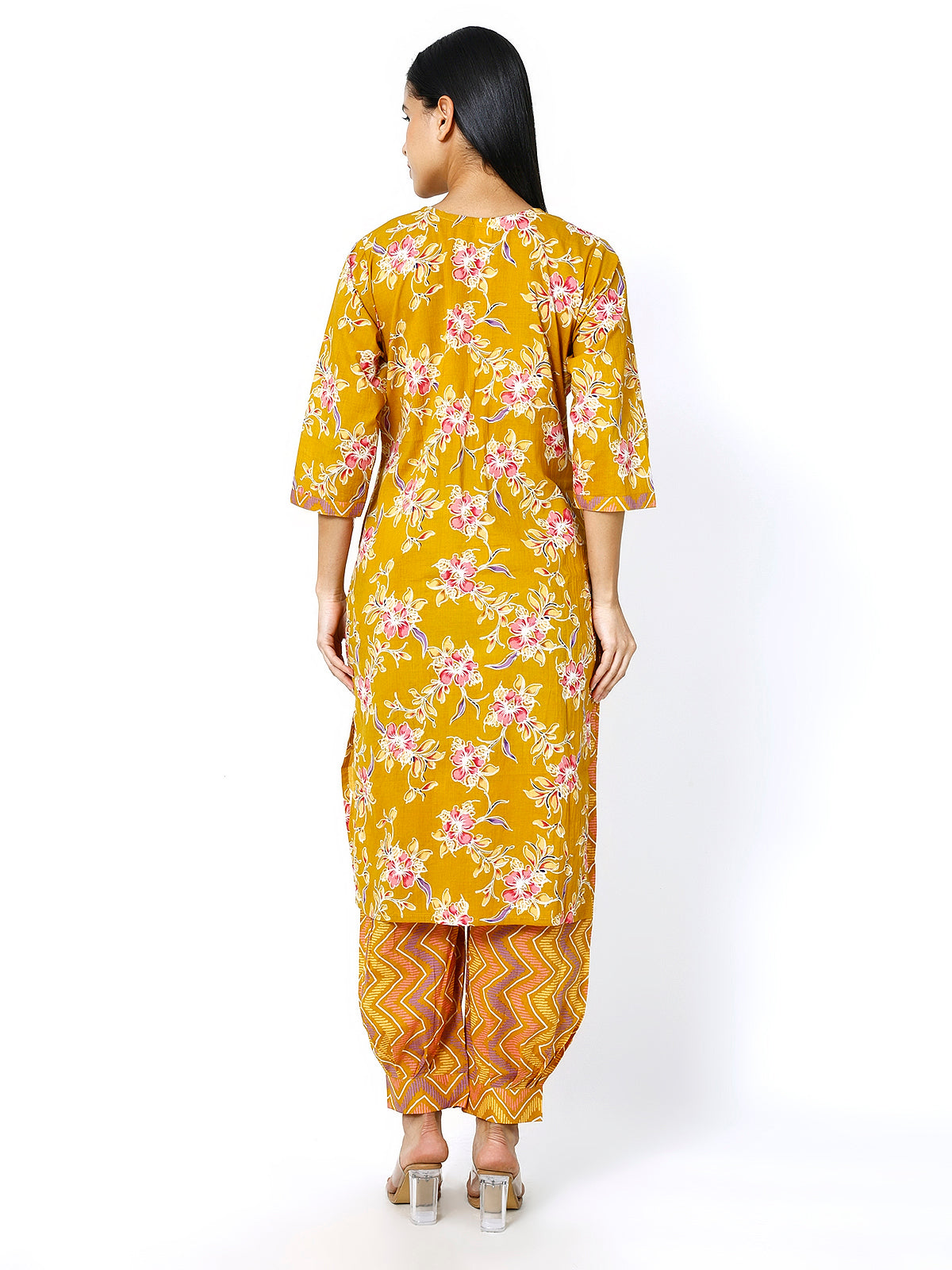 Women Mustard Cotton Floral Print Kurti Set (Plus Size Available)