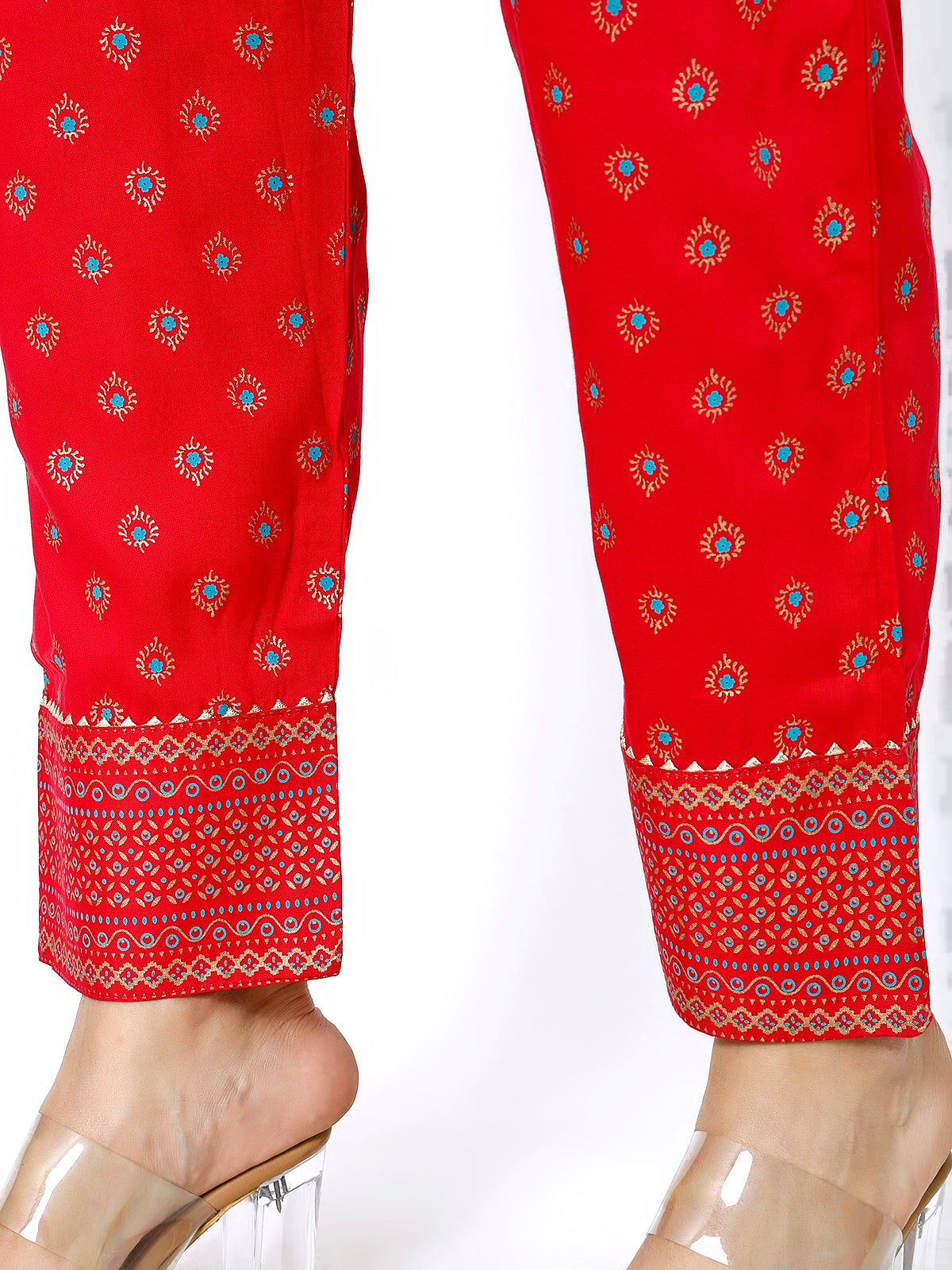 Women Red Floral Printed Round Neck Anarkali Kurta With Trousers & Dupatta (Plus Size Available)