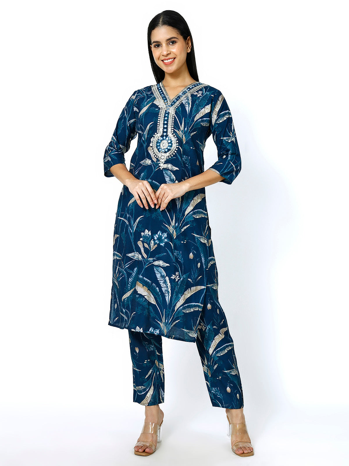 Women Embroidery Masleen Cotton Kurti Set Ethnic Printed Peacock Blue Color (Plus Size Available)