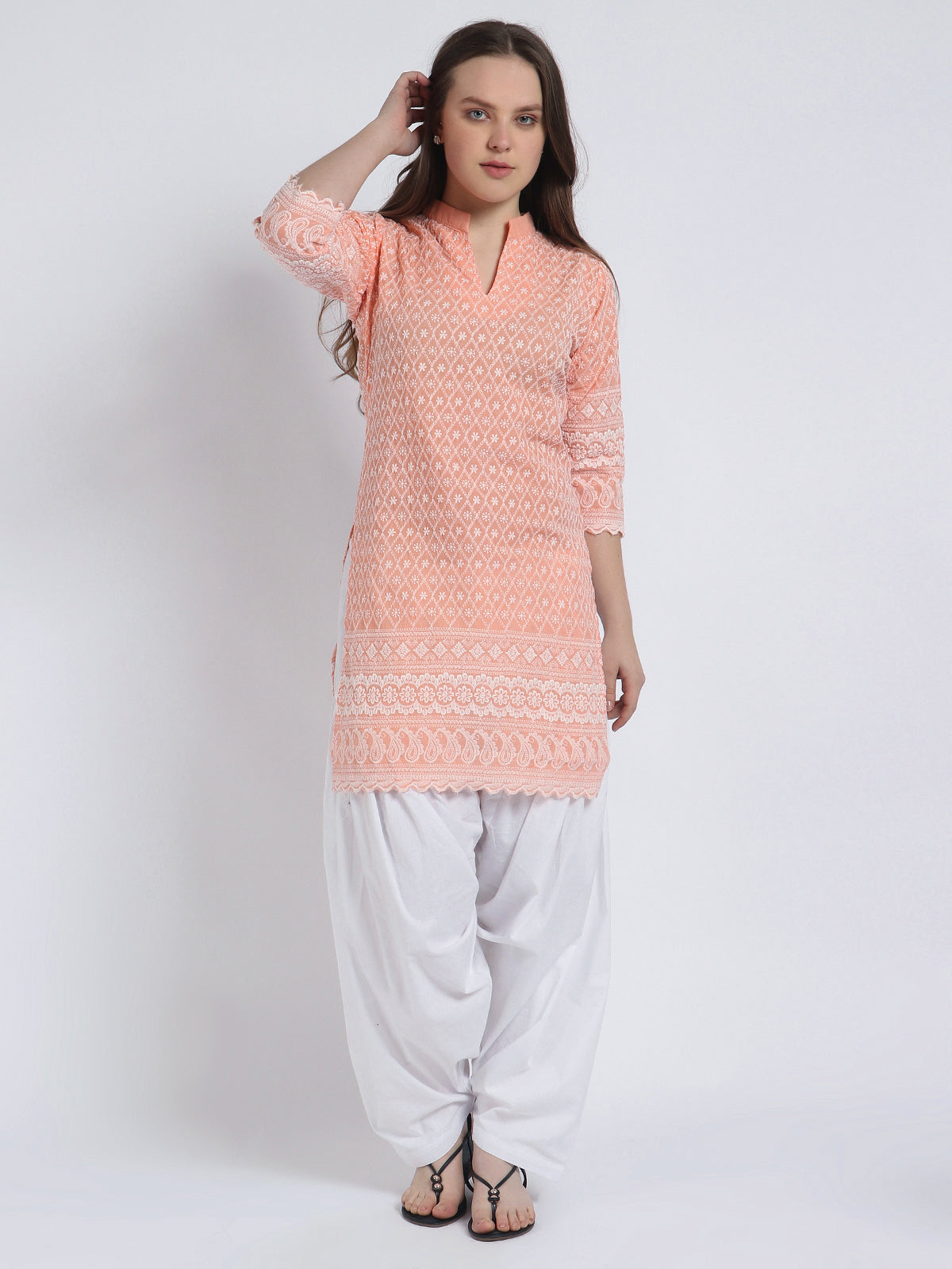 Women Chiken Embroidery Cotton Peach Kurta and Salwar Set