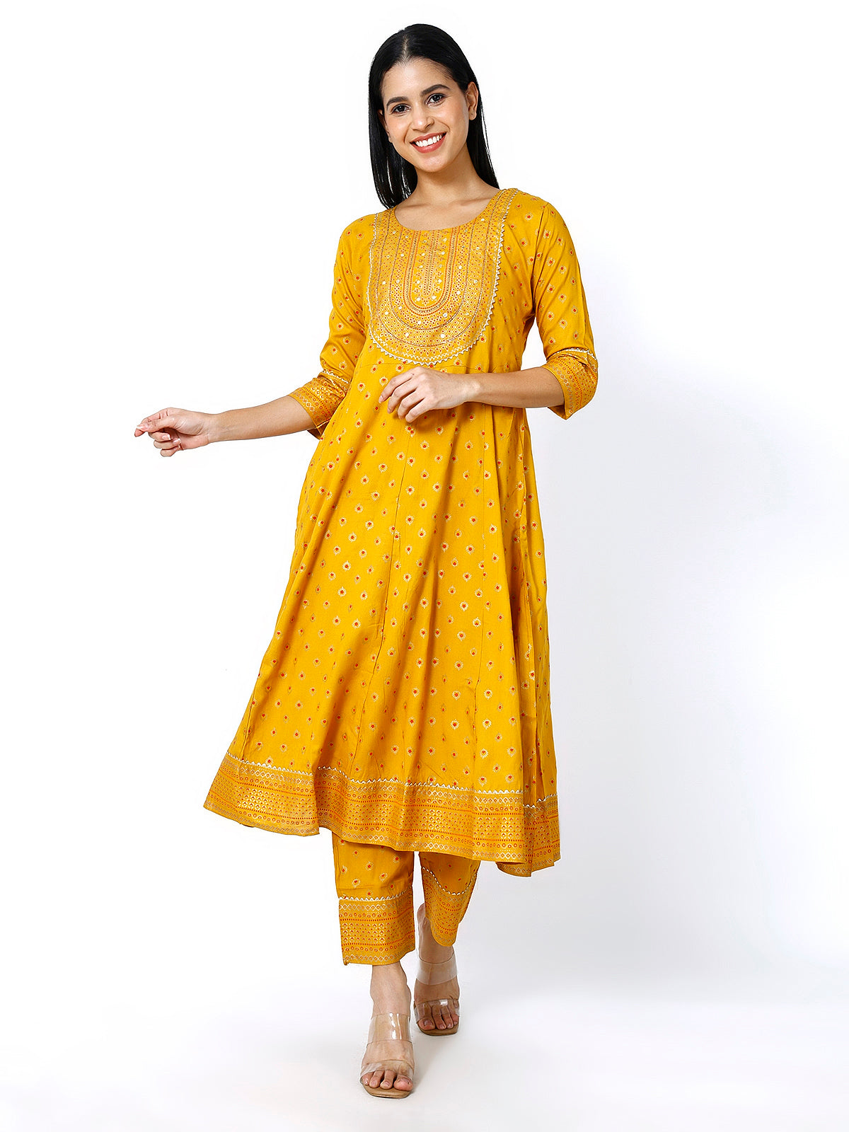Women Mustard Floral Printed Round Neck Anarkali Kurta With Trousers & Dupatta (Plus Size Available)
