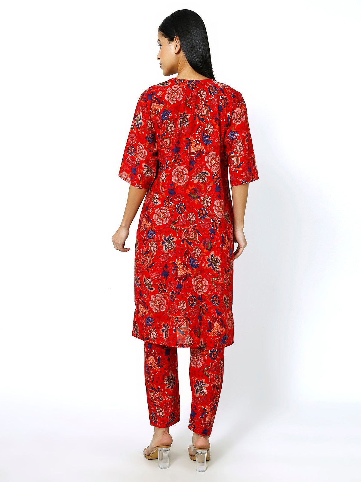 Women Embroidery Masleen Cotton Kurti Set Ethnic Printed RED Color (Plus Size Available)