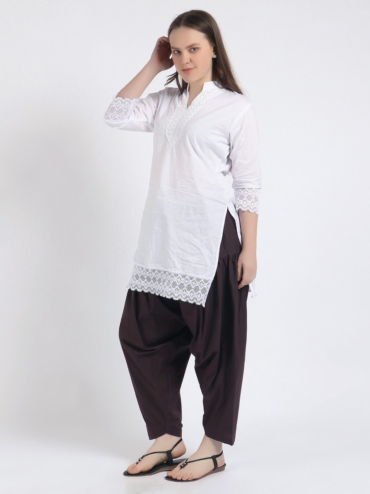 Women Solid White Kurta and Brown Salwar Set Pure Cotton