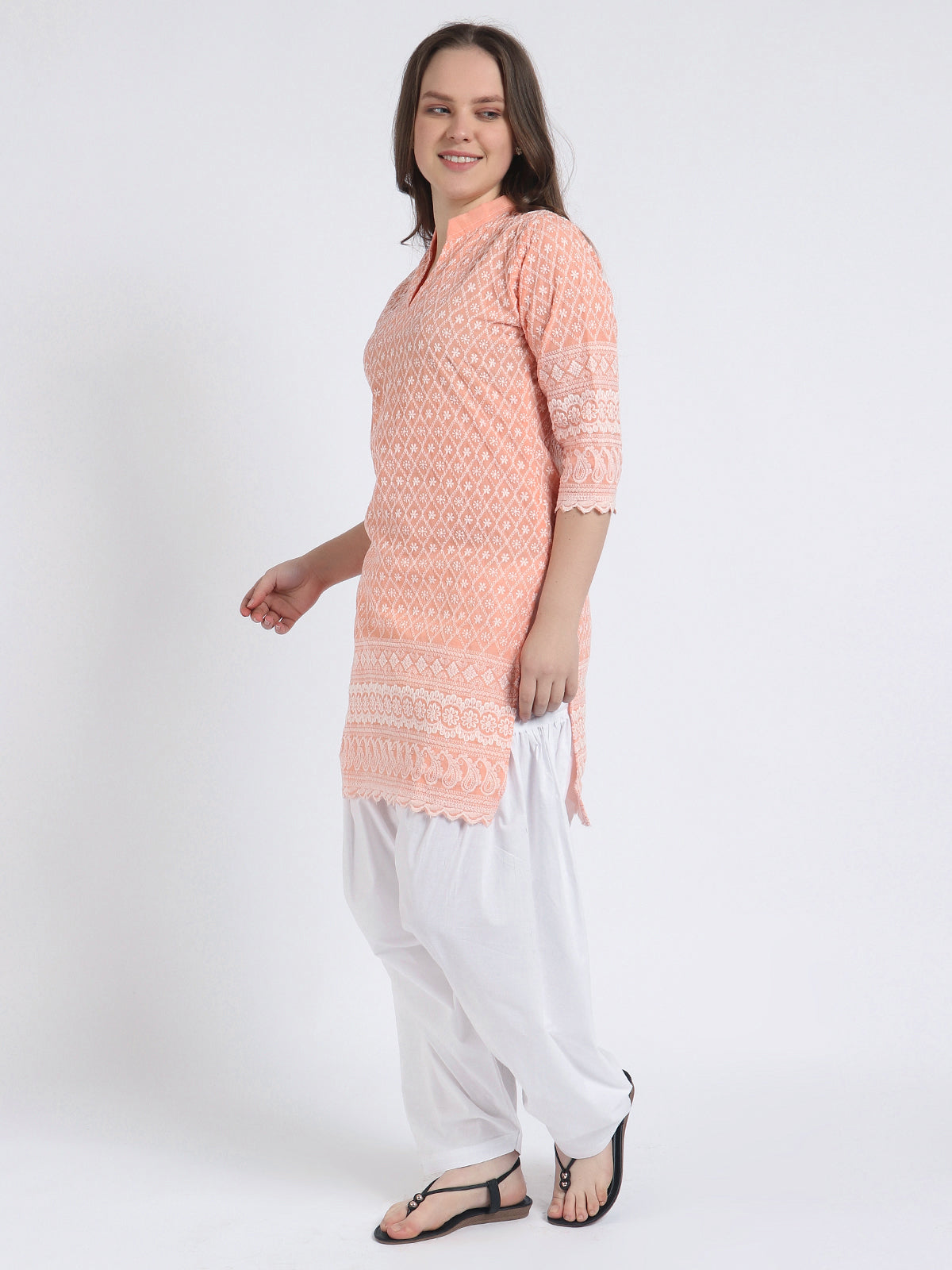Women Chiken Embroidery Cotton Peach Kurta and Salwar Set