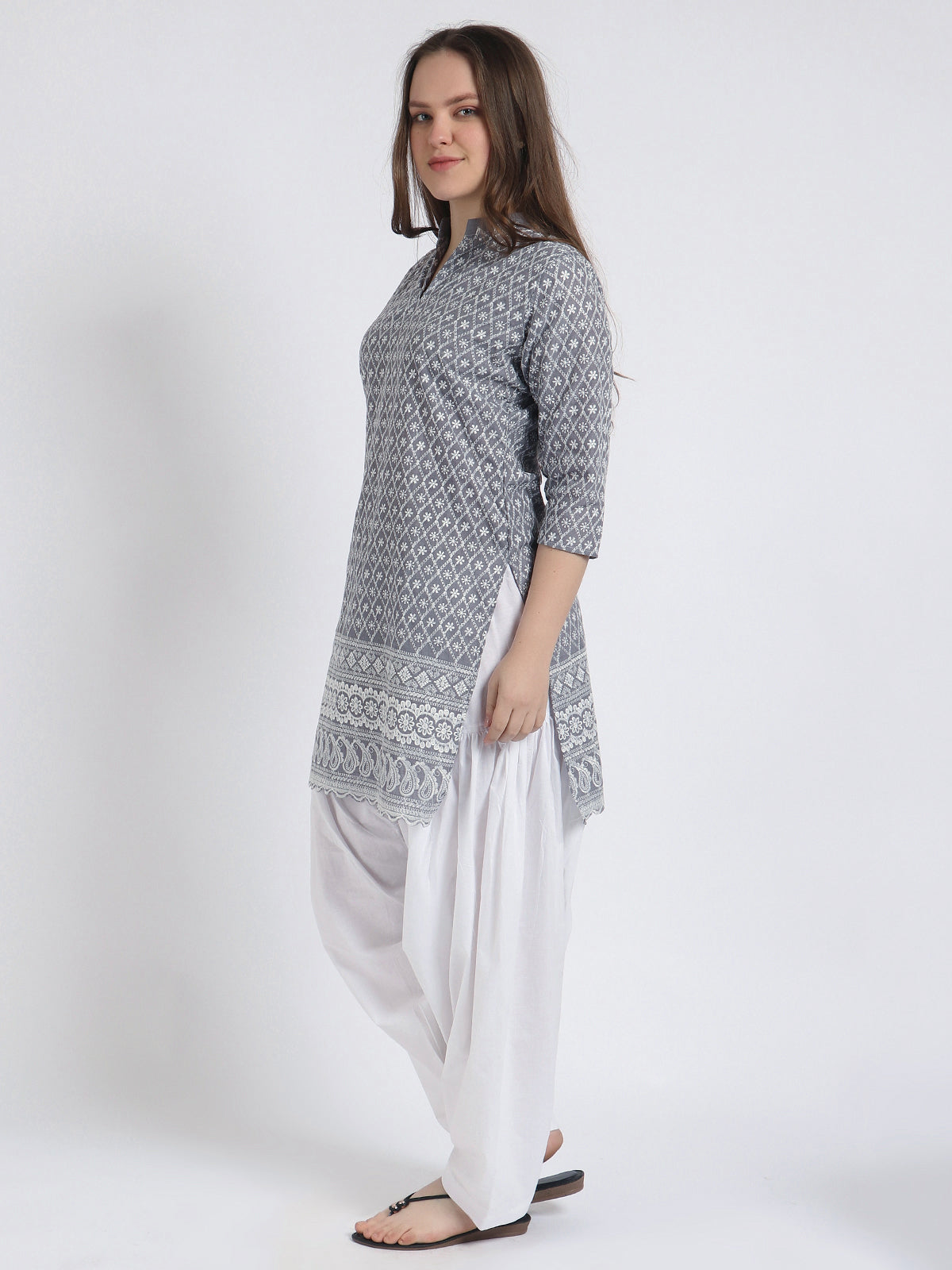 Women Chiken Embroidery Cotton Grey Kurta and Salwar Set