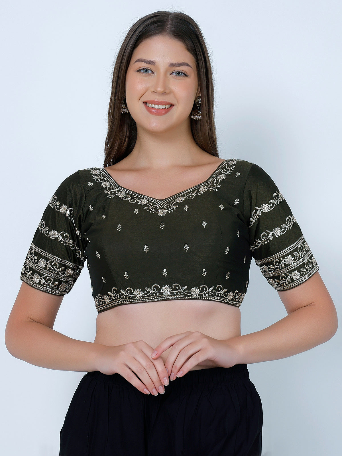 booty work Dark Mehandi Cotton Silk Blouse