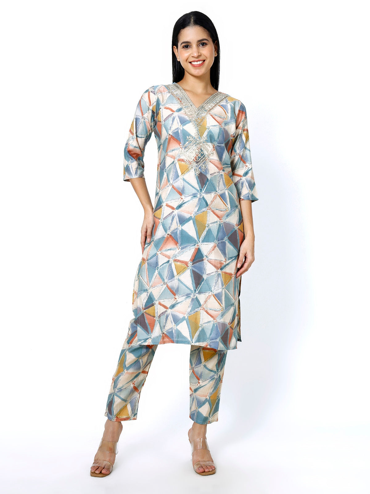 Women Embroidery Masleen Cotton Kurti Set Ethnic Printed Grey Color (Plus Size Available)