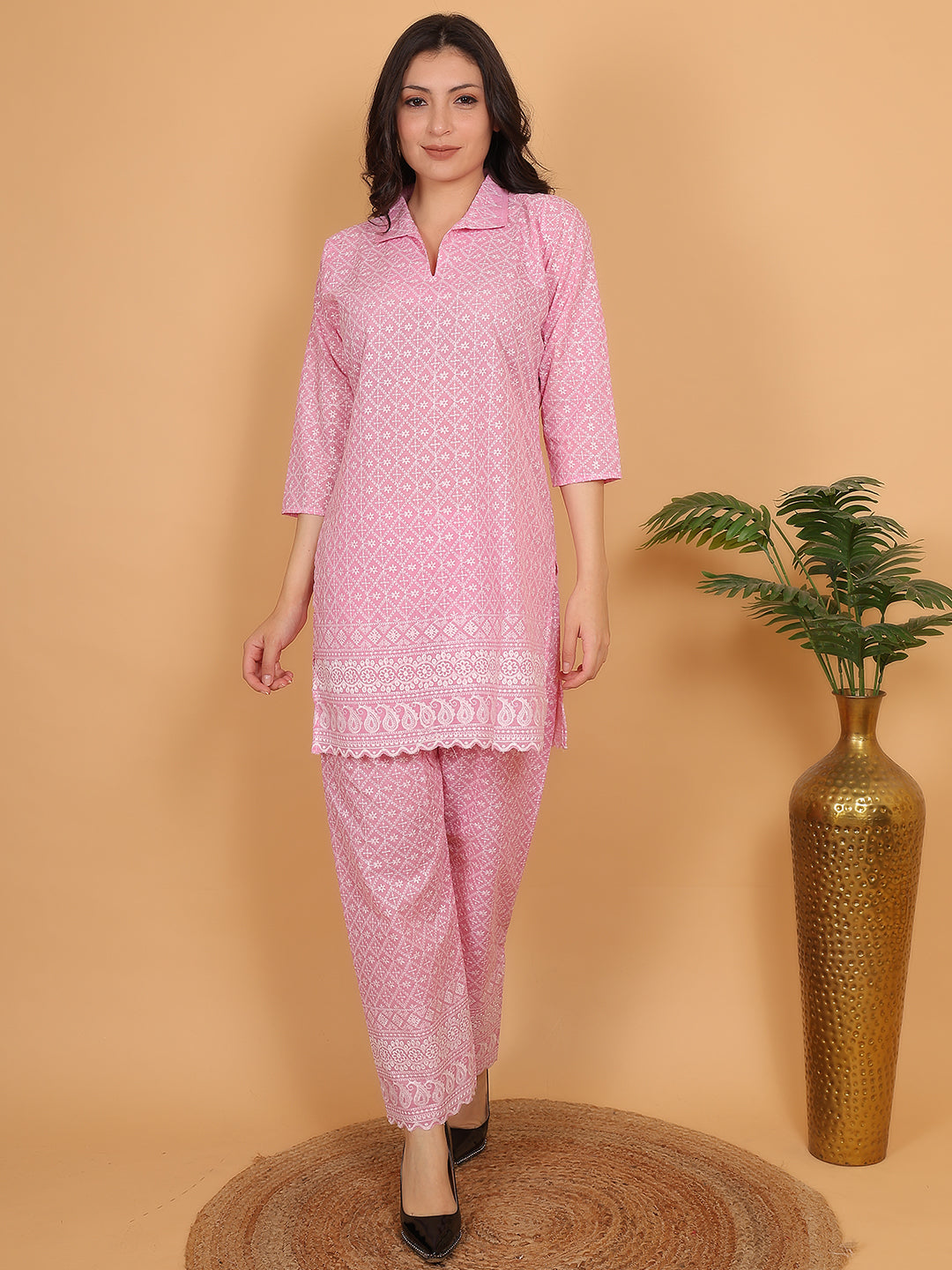 Pink Ethnic Chikan Embroidery Cotton Coord Set