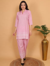 Pink Ethnic Chikan Embroidery Cotton Coord Set