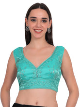 Women Rama Green V-Neck Sleeveless Embroidered Silk Blouse Wine