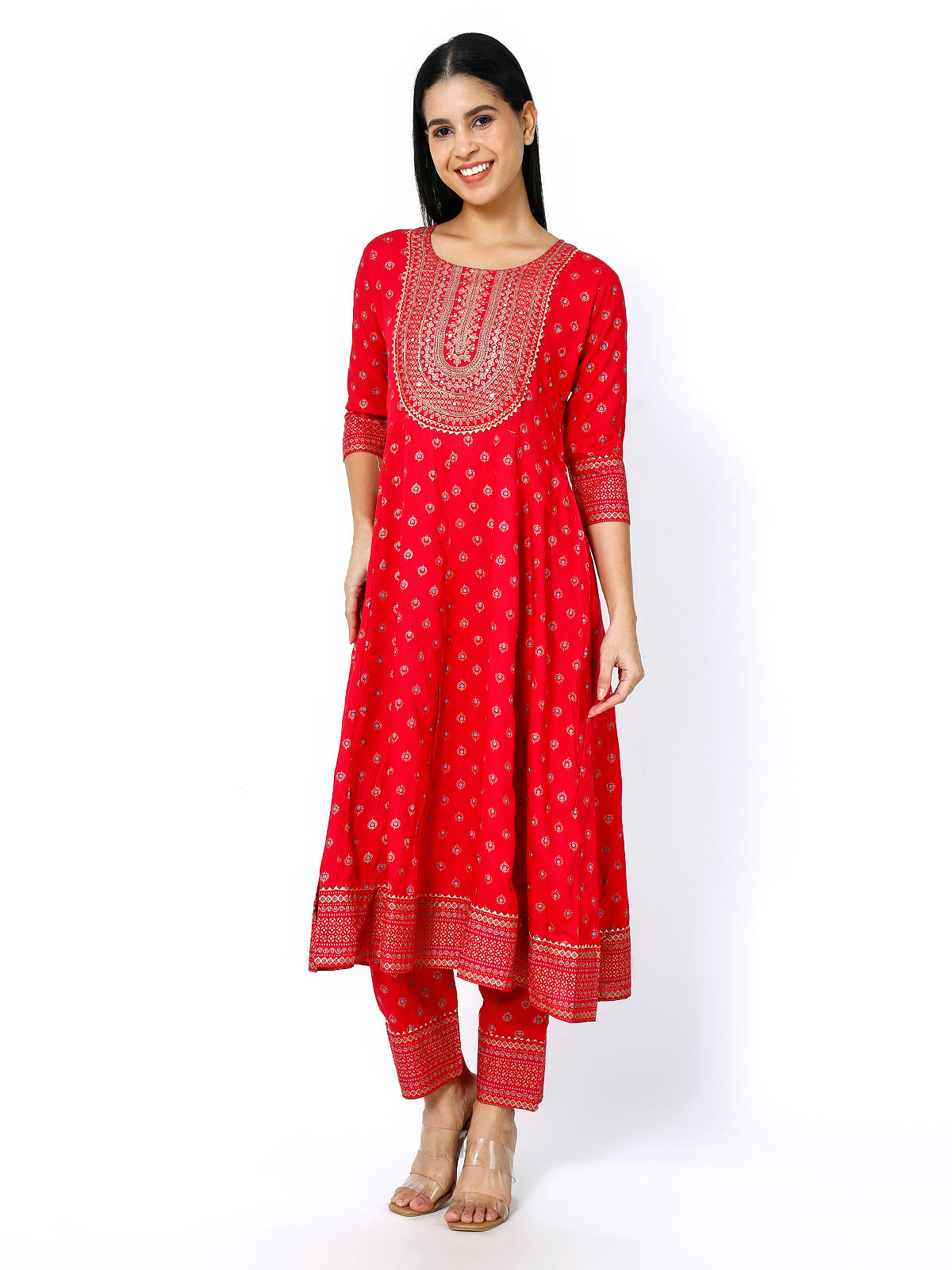 Women Red Floral Printed Round Neck Anarkali Kurta With Trousers & Dupatta (Plus Size Available)