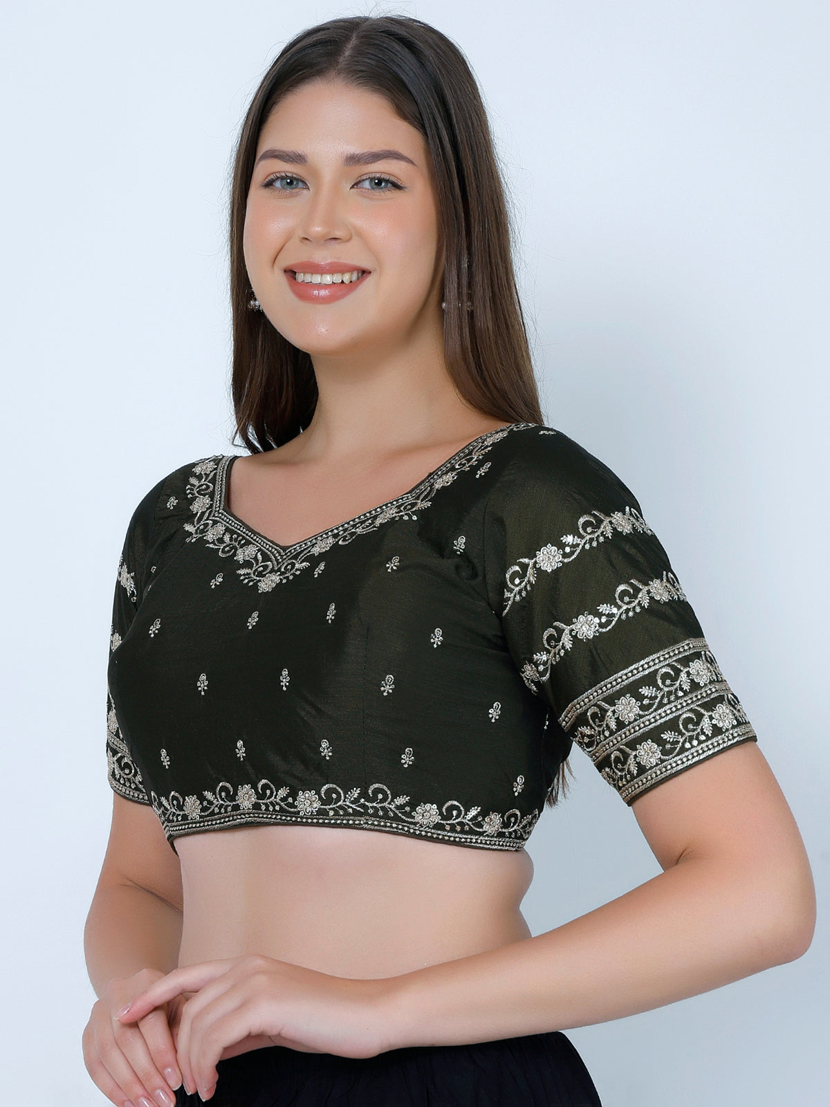 booty work Dark Mehandi Cotton Silk Blouse