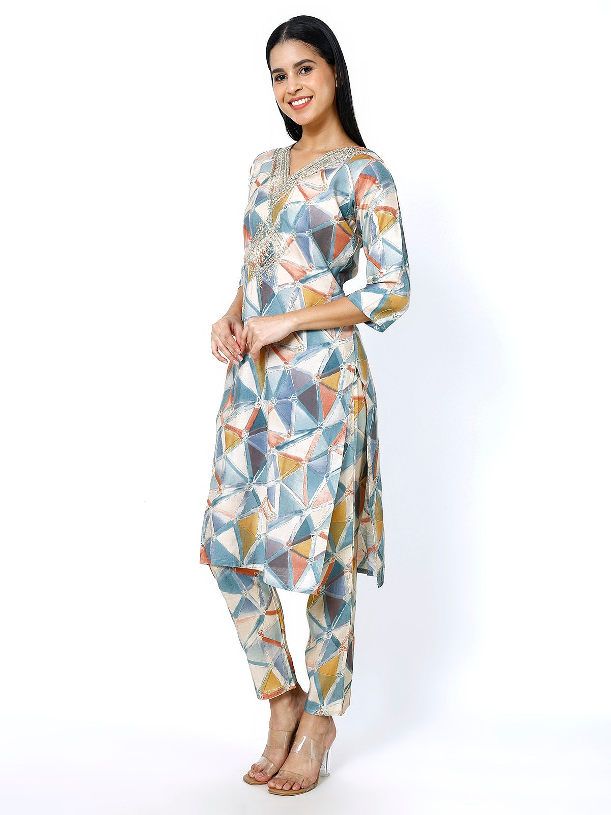 Women Embroidery Masleen Cotton Kurti Set Ethnic Printed Grey Color (Plus Size Available)