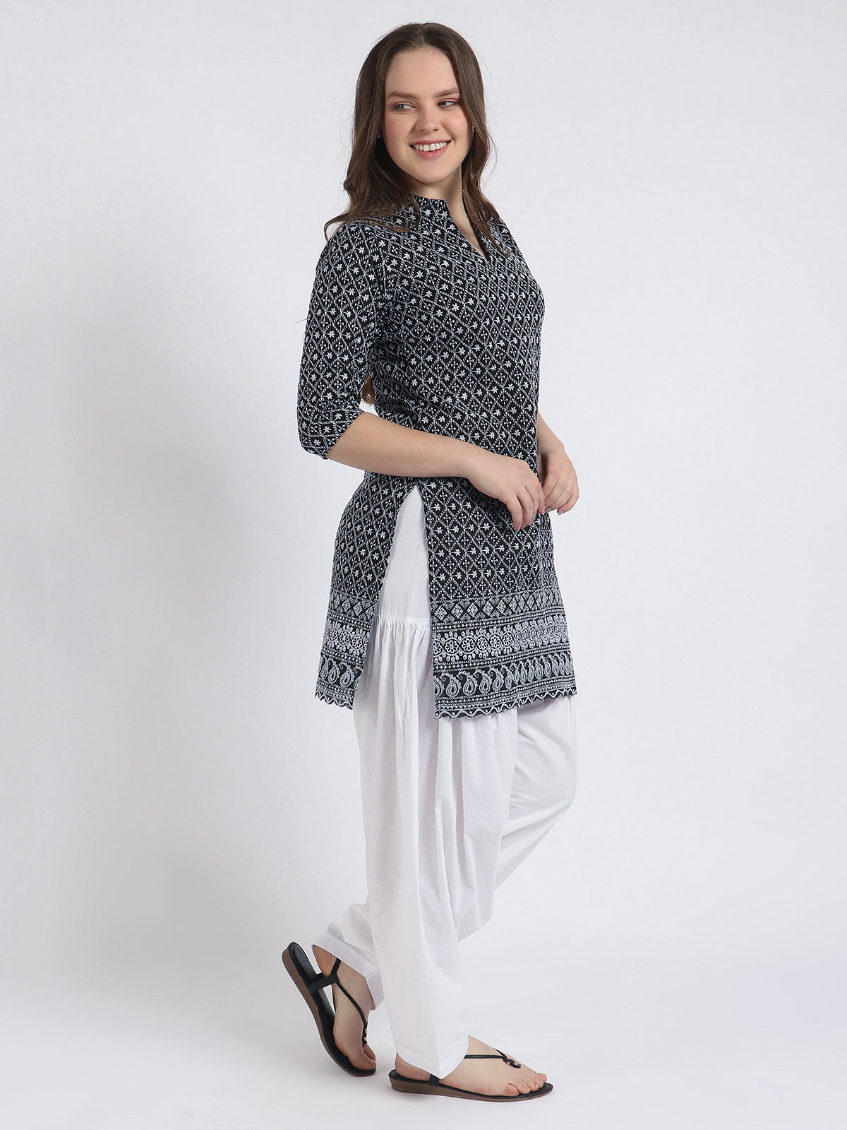 Women Chiken Embroidery Cotton Black Kurta and Salwar Set