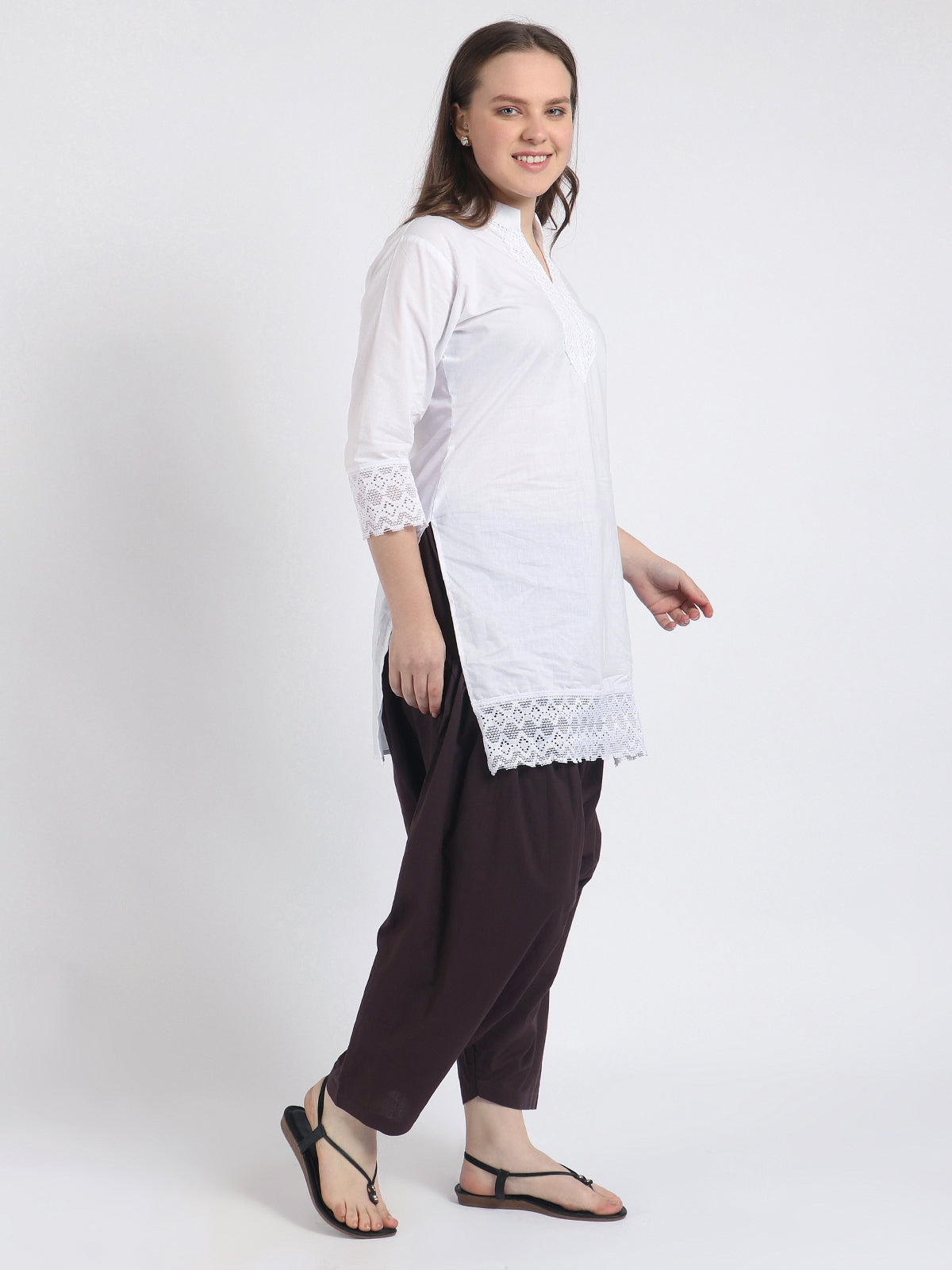 Women Solid White Kurta and Brown Salwar Set Pure Cotton