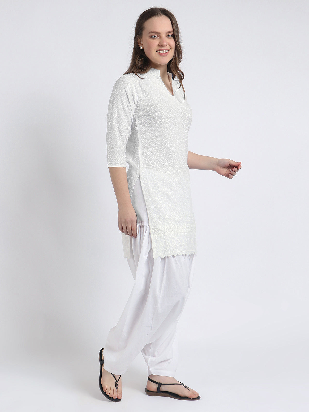 Women Chiken Embroidery Cotton White Kurta and Salwar Set