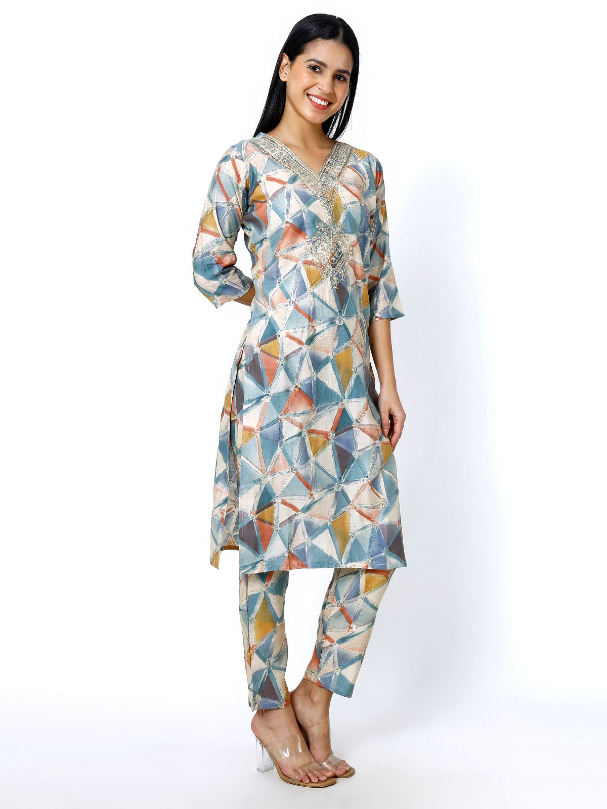 Women Embroidery Masleen Cotton Kurti Set Ethnic Printed Grey Color (Plus Size Available)
