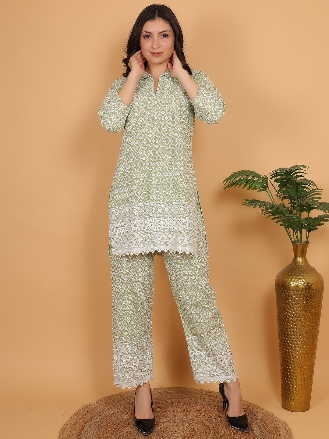 Pista Green Ethnic Chikan Embroidery Cotton Co-ord Set