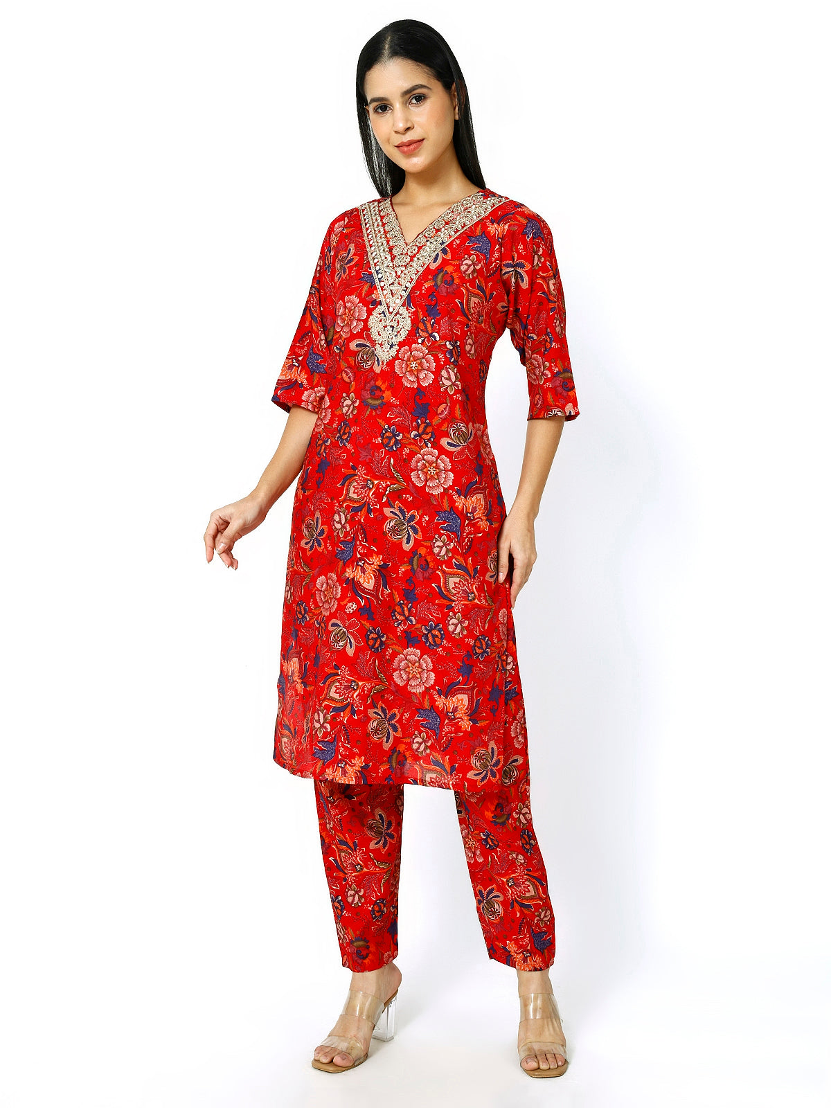 Women Embroidery Masleen Cotton Kurti Set Ethnic Printed RED Color (Plus Size Available)
