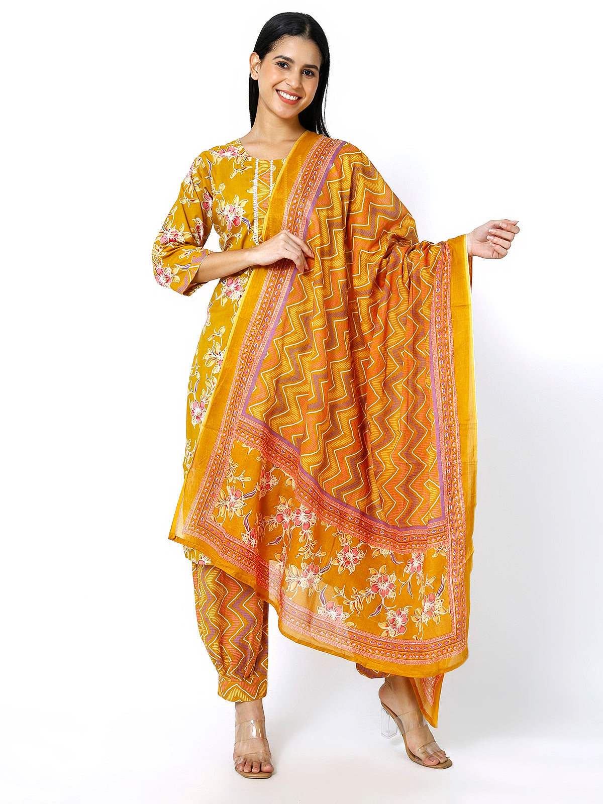 Women Mustard Cotton Floral Print Kurti Set (Plus Size Available)