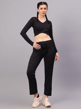 Shiv Naresh Women Black Ribbed Full Sleeves Crop Top with Straight Fit Lounge Pants Co-ord Set