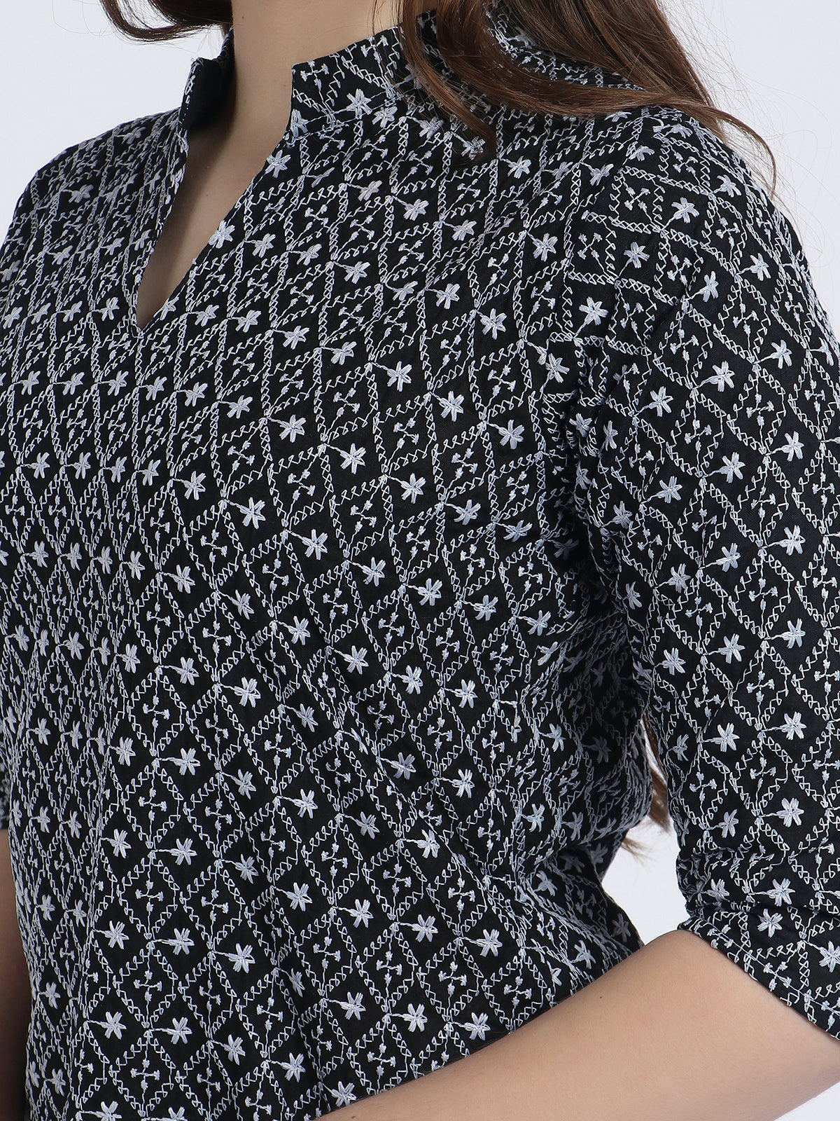 Trendzmy Women Chiken Embroidery Cotton Black Kurta and Salwar Set