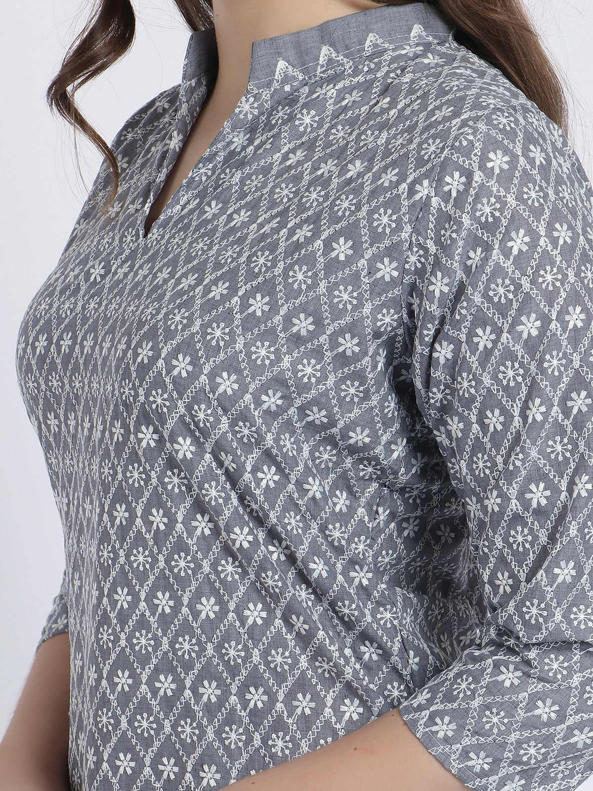 Women Chiken Embroidery Cotton Grey Kurta and Salwar Set