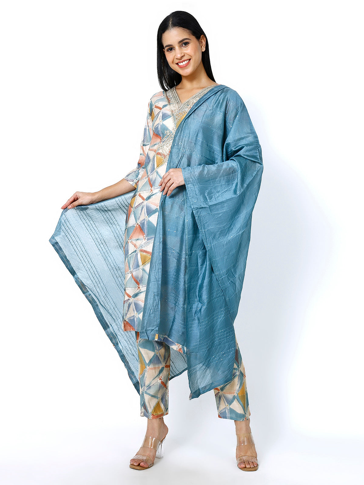 Women Embroidery Masleen Cotton Kurti Set Ethnic Printed Grey Color (Plus Size Available)