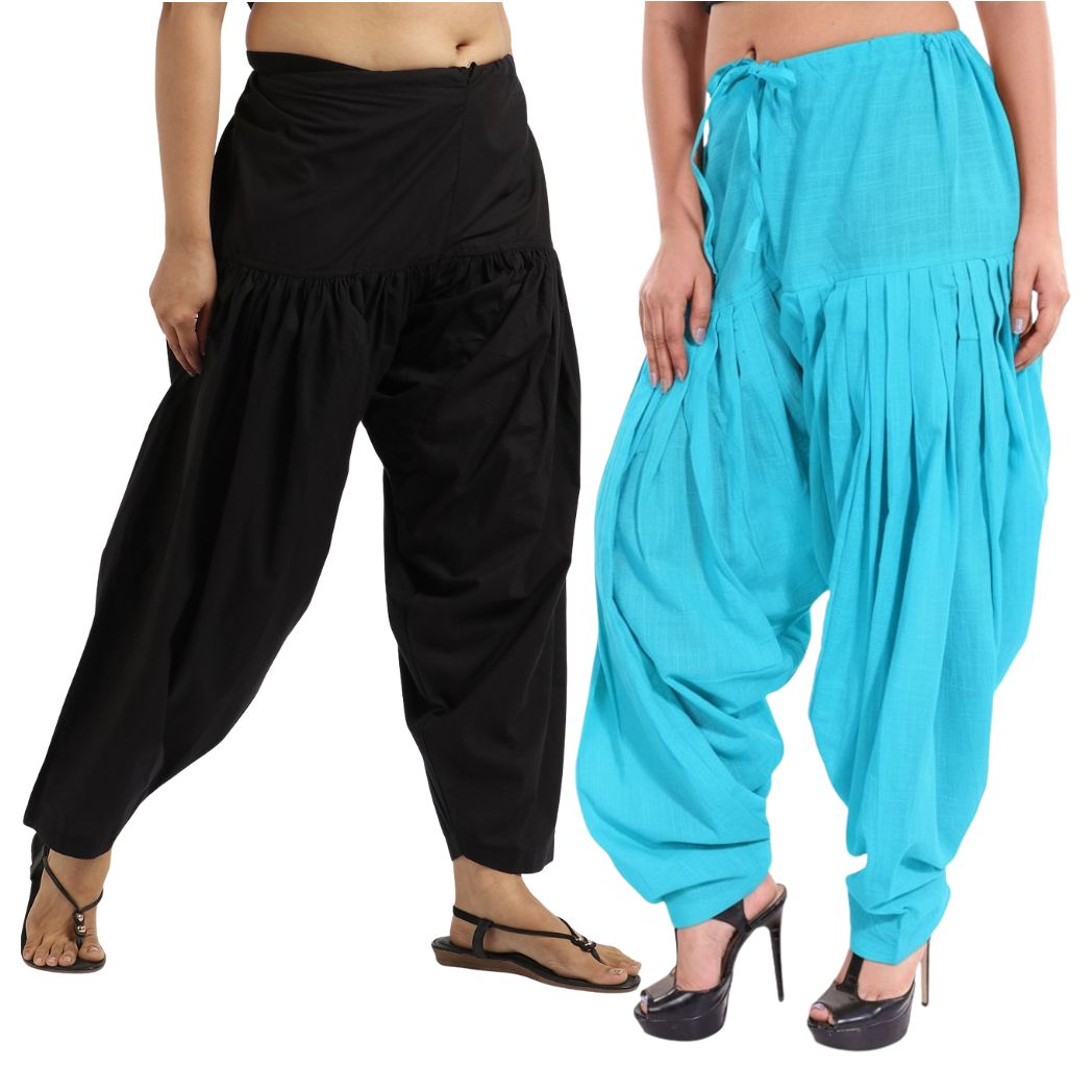 Women & Girl's Ethnic Premium Pleated Patiala Salwar in Jet Black and Sky Blue_Pack of 2
